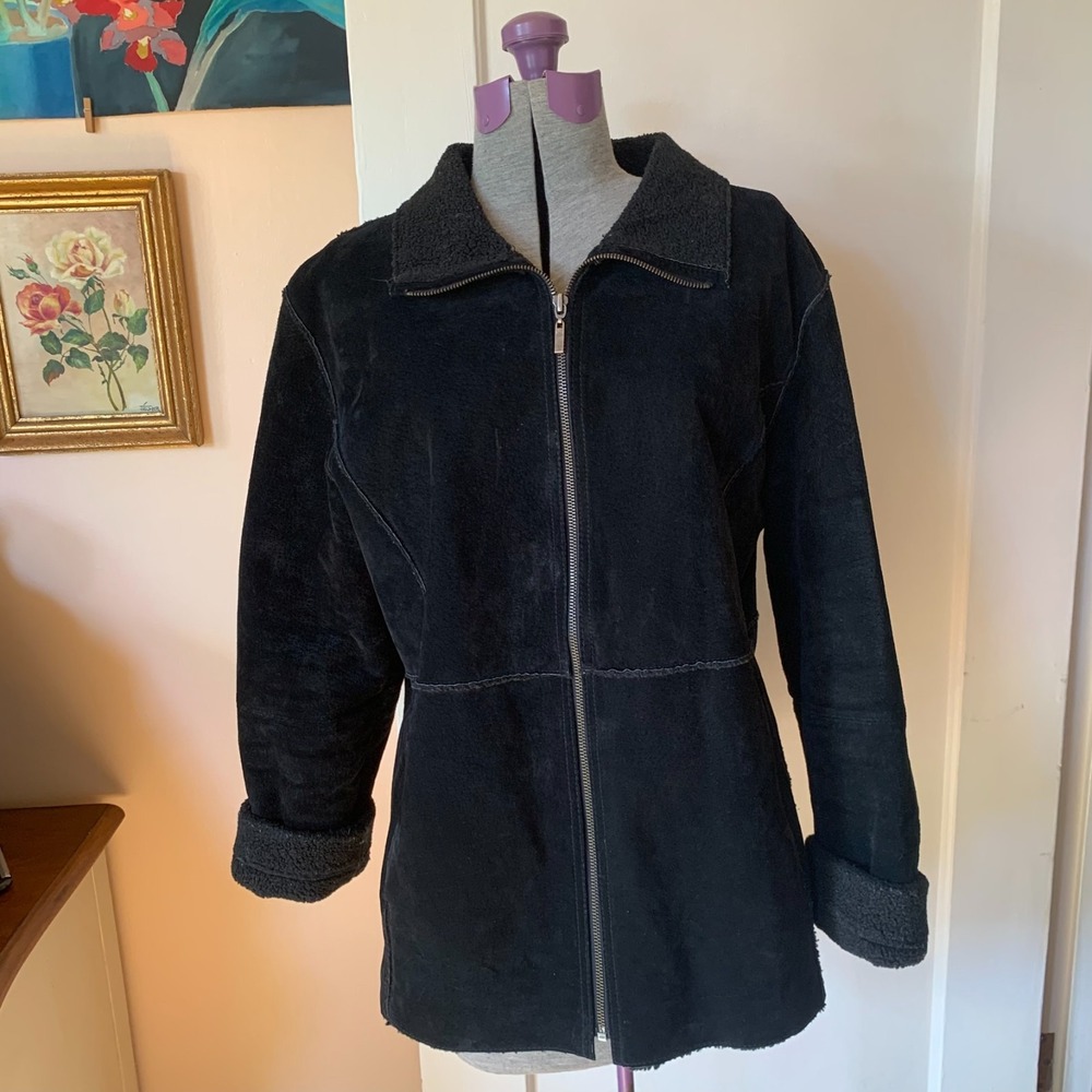 Y2K VTG Outbrook Black Genuine Leather Suede Sherpa Lined Full Zip Jacket Large